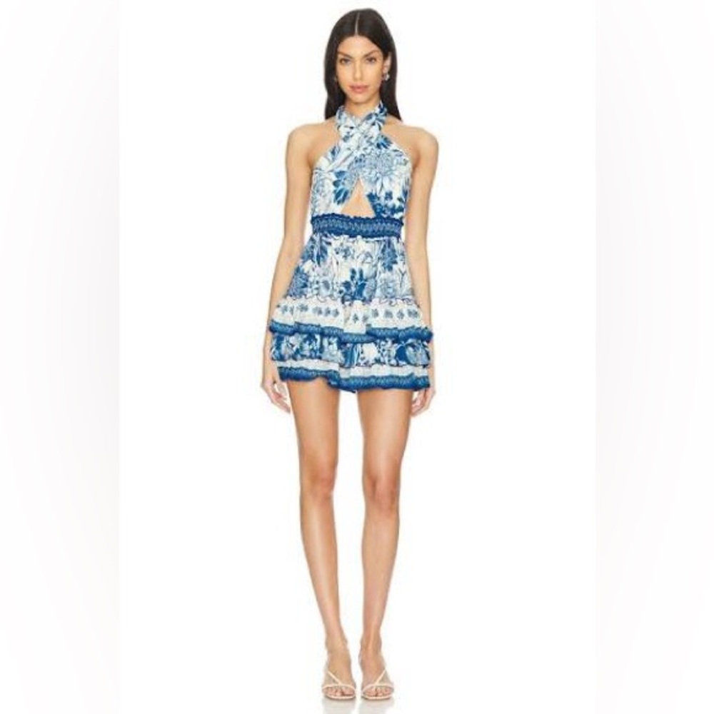 Agua Bendita Blue and White Backless Dress